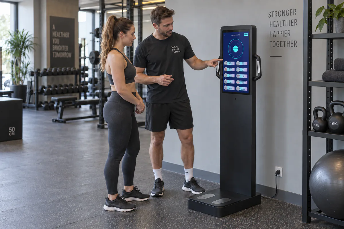 A trainer discussing body composition results with a member at the gym