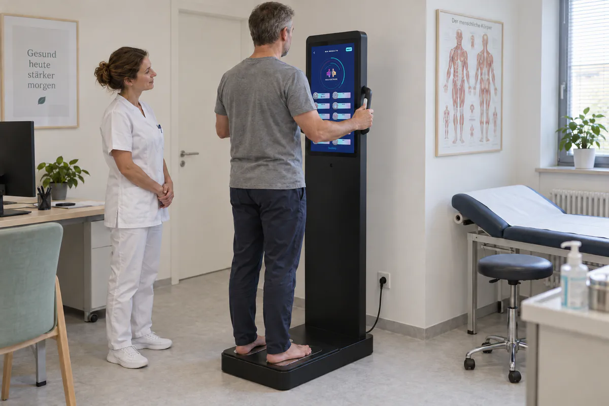 A healthcare professional guiding a body composition assessment